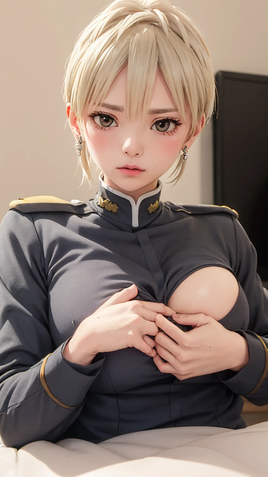 (masterpiece: 1.3), (Maximum resolution: 1.2), (Ultra HD TV: 1.2), Cinematic Light, 8K resolution, Detailed facial features , (Sharp focus: 1.2),Perfect Style, Beautiful Face, Acura, Anatomically correct, Highly detailed face and skin quality感, Beautiful Eyes,ThroughkBright Eyes, Natural Cheeks, Glowing Skin, (Glossy Lips: 1.4),、 (A shameful expression: 1.2),Highly detailed face and skin quality, Natural Cheeks, , Glossy Lips,Exposed cleavage、(White mucus on chest:1.6)(White mucus on thighs:1.6)、 blush、Humiliating、shame、Please open your knees、dissatisfaction、anger、tears、sorrow、Glaring at the camera、Spread your legs、、Sparkly little earrings and necklace、Disheveled clothes、stockings、Drenched in sweat、stockings 、Long Hair、32 years old, Clean woman,1 person、 first class cabin、On the bed(On my back, Lying down in bed, Lying down in bedいる, Lying down, White sheets:1.3)、blonde、Blonde、Blue-gray eyes、Green-gray eyes,(Skirted military uniform:1.4)、scarf、dissatisfaction、Masturbate、Nipple exposure、Soft Breasts、