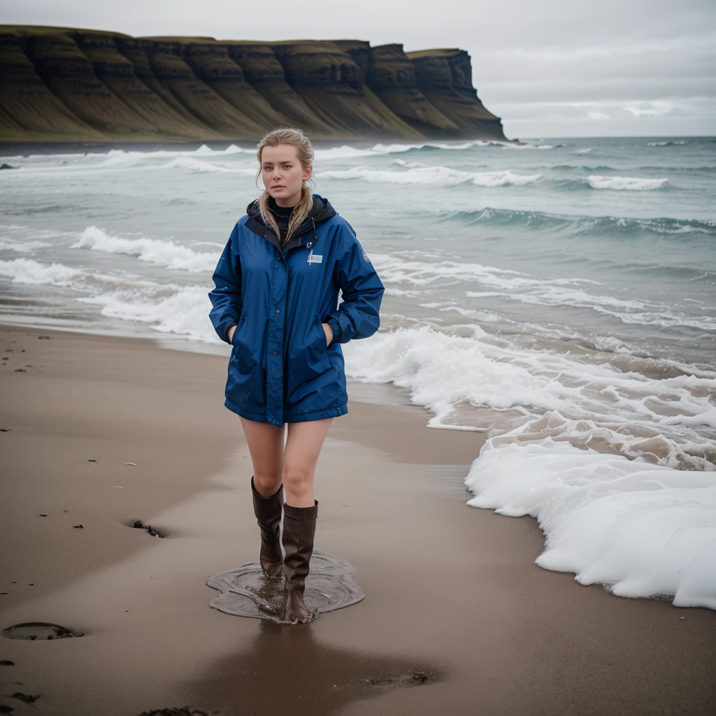 A beautiful cinematic picture of a typical icelandic 23 year old woman walking on the beach, high quality, 1 woman solo, attractive face, high resolution, saggy clothes, cold and wet icelandic weather