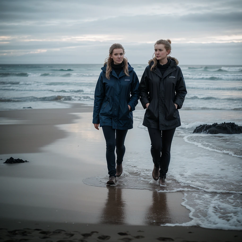 A beautiful cinematic picture of a typical icelandic 23 year old woman walking on the beach, high quality, 1 woman solo, attractive face, high resolution, saggy clothes, cold and wet icelandic weather