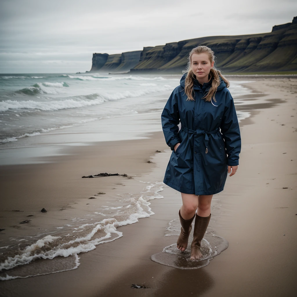 A beautiful cinematic picture of a typical icelandic 23 year old woman walking on the beach, high quality, 1 woman solo, attractive face, high resolution, saggy clothes, cold and wet icelandic weather