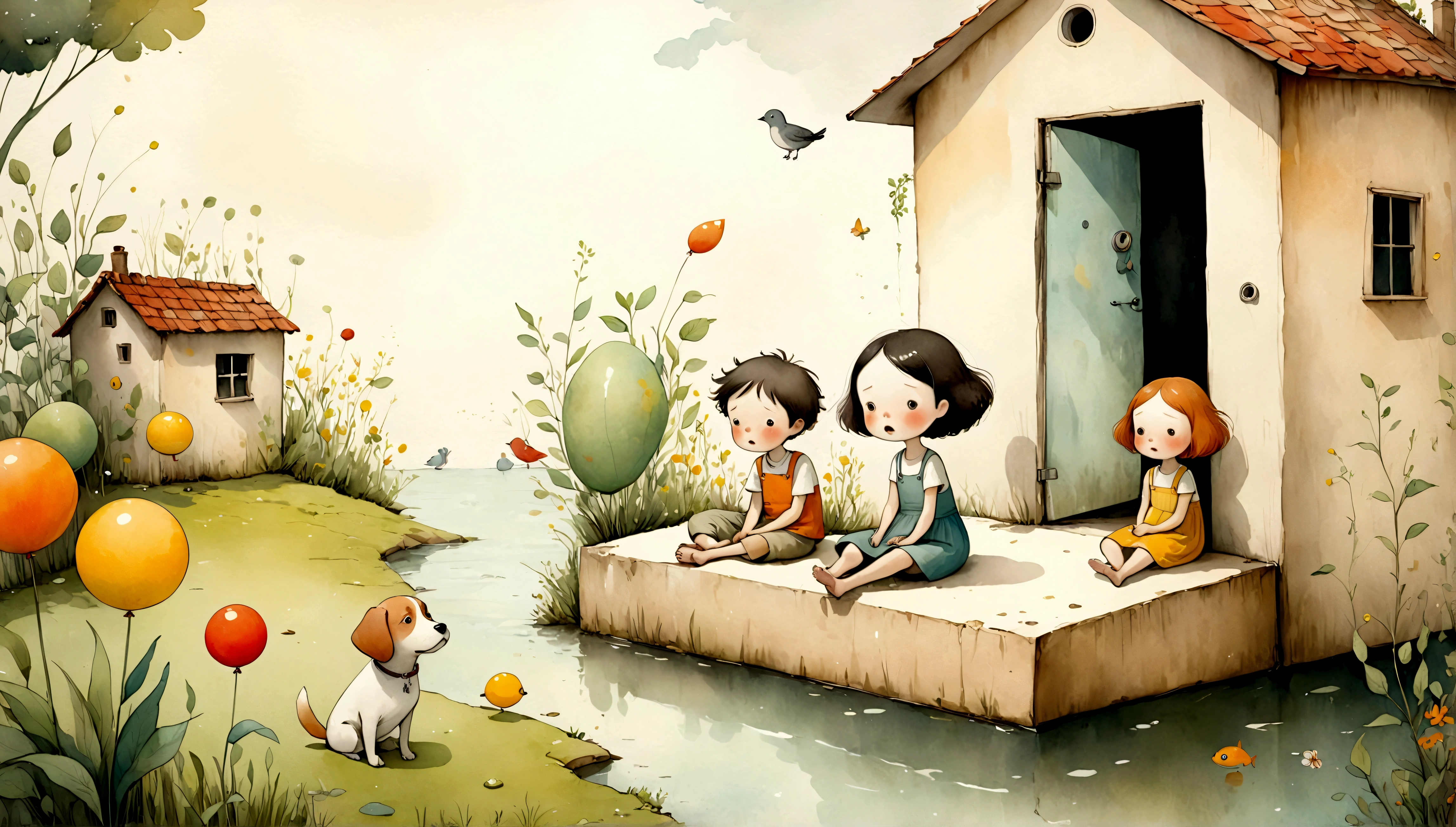 An illustration,Draw children with surprised expressions,Children with open mouths and disappointed expressions,Some children sat down in shock.,children are wearing summer clothes,(The background is the garden of a house),dog snuggles,BREAK,(There are goods for swimming on the ground.,floats and cooler boxes),BREAK,cute illustration,surreal,artwork,Expressively,This is an illustration that looks like a picture book illustration.,draw with thick lines,Please draw with a gentle touch,Draw with pencil and watercolors,Gabriel Pacheco Style page