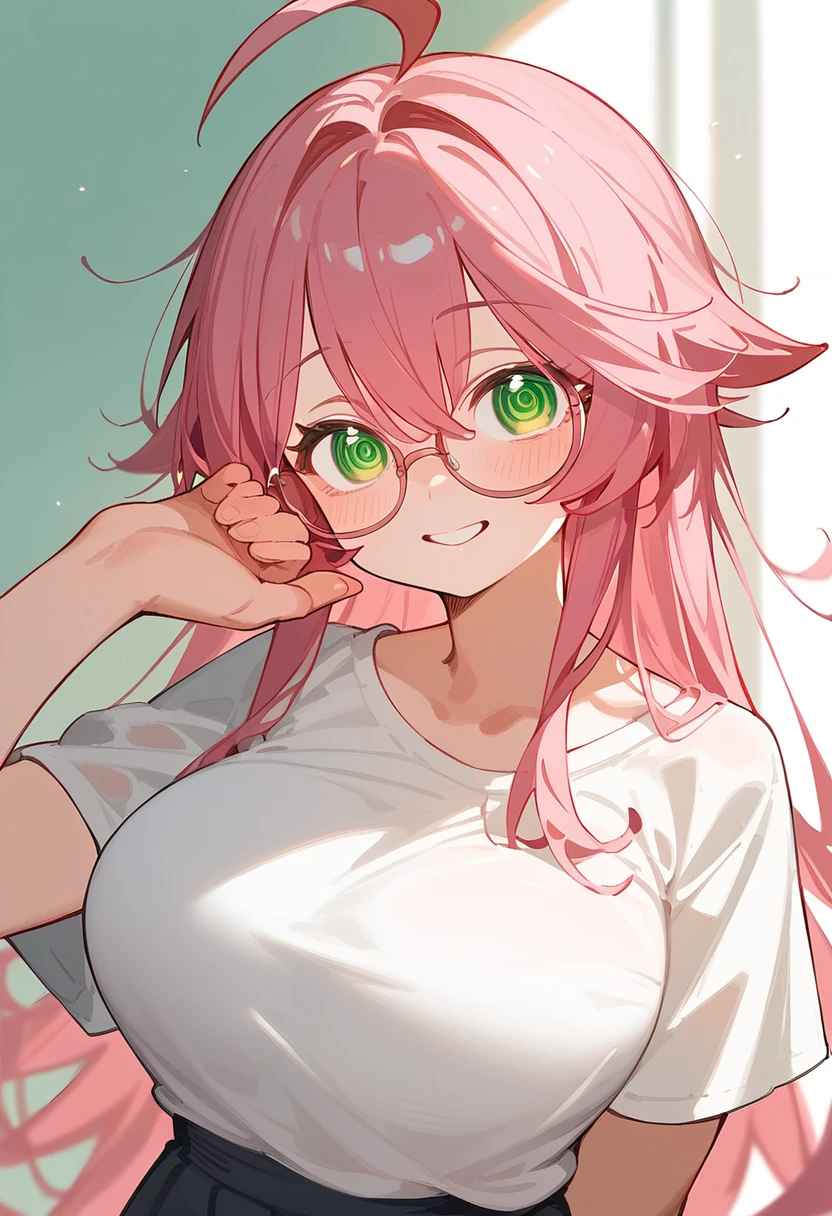 One Woman、Lori、Big Breasts、Pink Hair、Long Hair、Straight Hair、Ahoge、kind、Pink small glasses、Green Eyes、smile、Droopy eyes