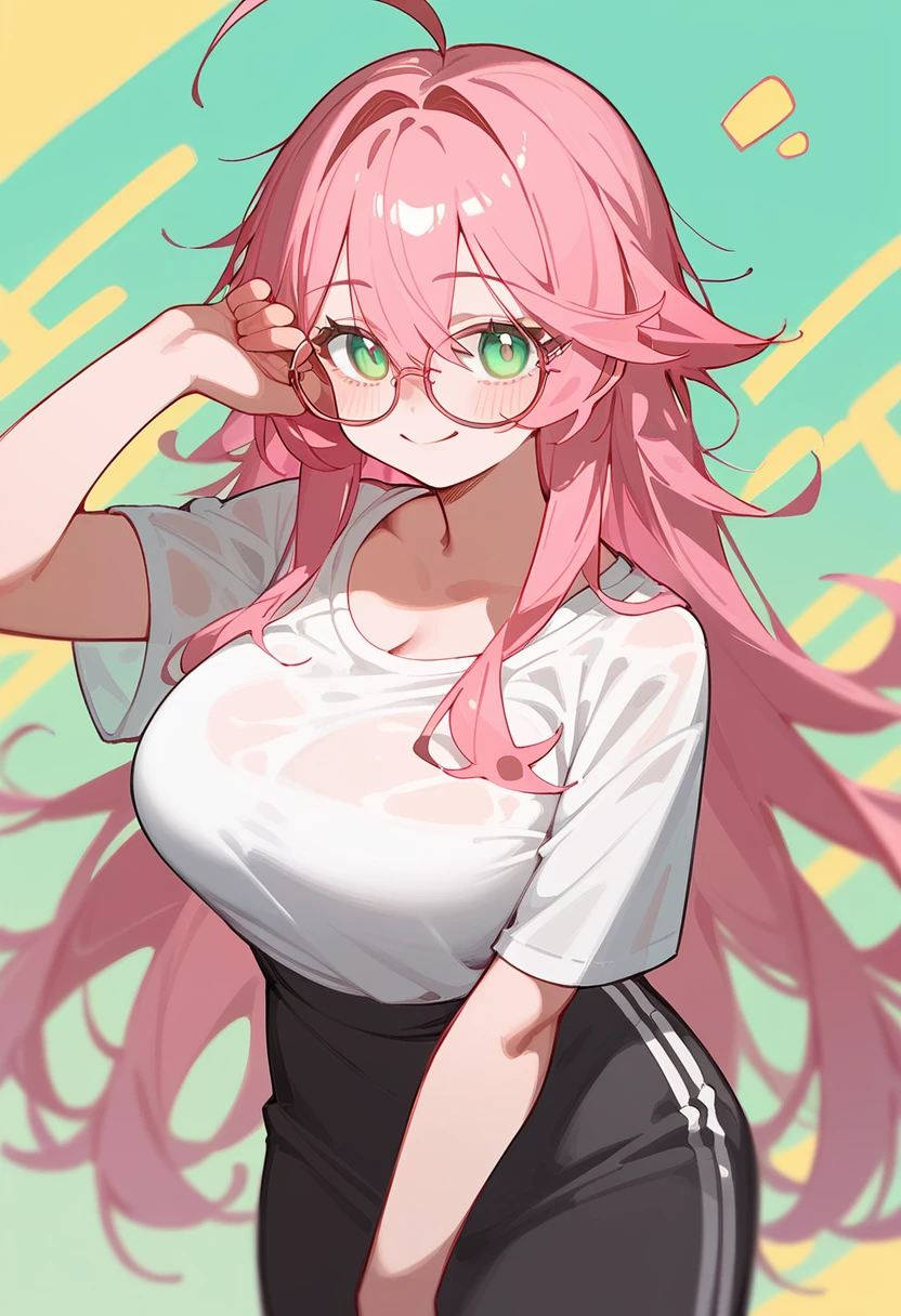 One Woman、Lori、Big Breasts、Pink Hair、Long Hair、Straight Hair、Ahoge、kind、Pink small glasses、Green Eyes、smile、Droopy eyes