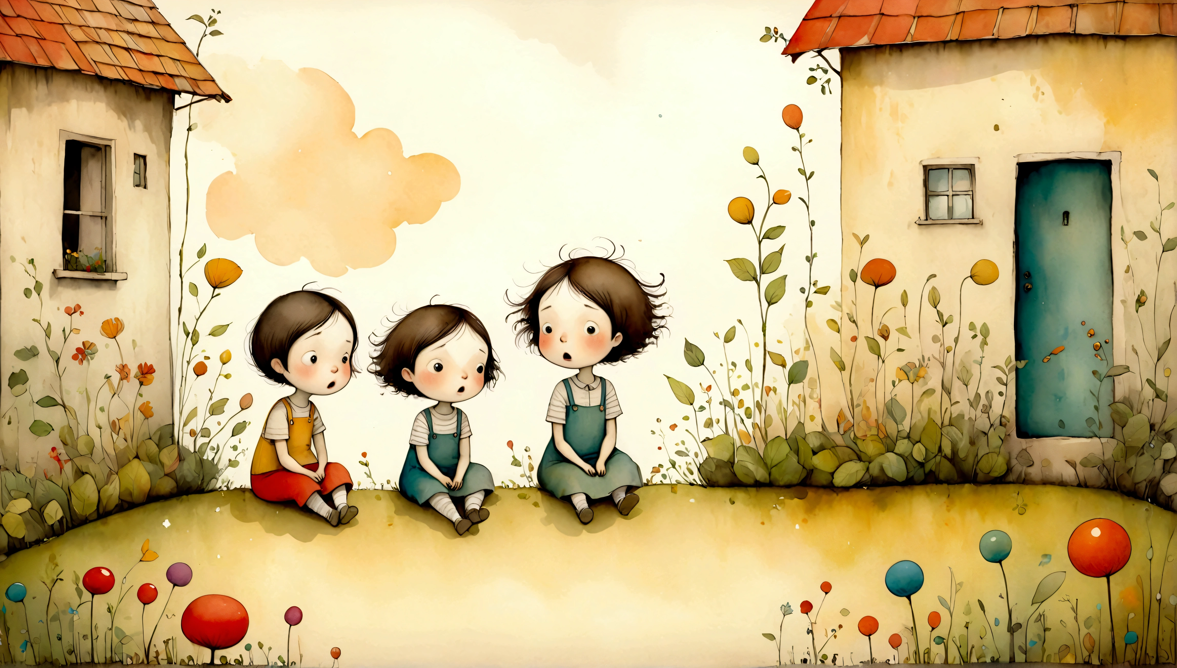 An illustration,Draw children with surprised expressions,Children with open mouths and disappointed expressions,Some children sat down in shock.,children are wearing summer clothes,(The background is the garden of a house),BREAK,Children have floats in their hands,BREAK,cute illustration,surreal,artwork,Expressively,This is an illustration that looks like a picture book illustration.,draw with thick lines,Please draw with a gentle touch,Draw with pencil and watercolors,Gabriel Pacheco Style page