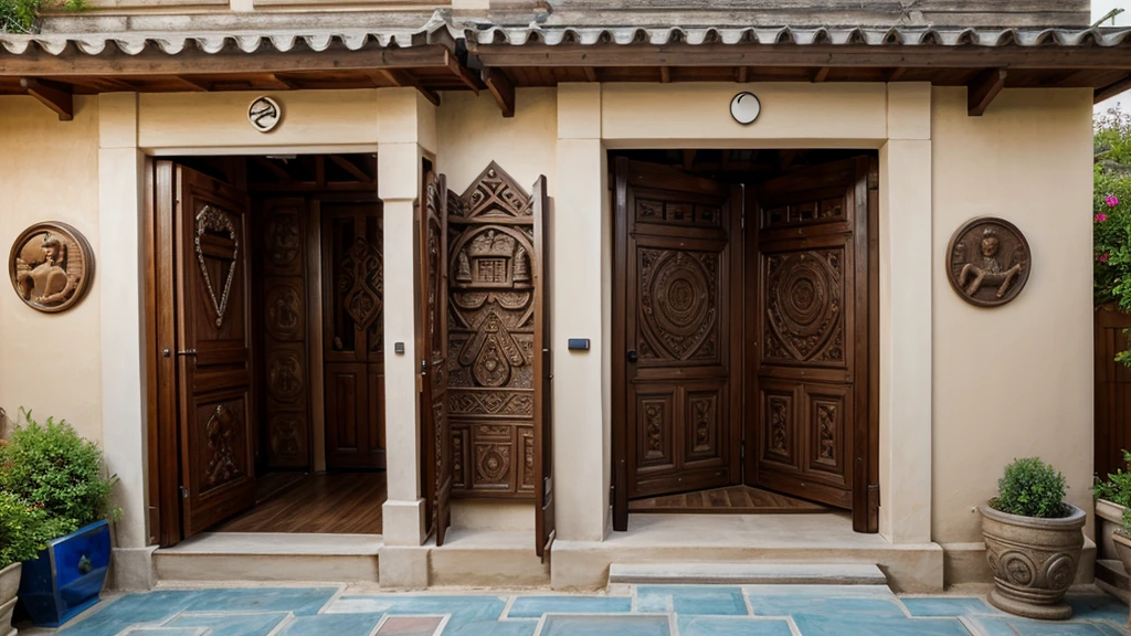 Hyper realistic photo of a house terrace wall with displays of ethnic carvings on the left and right