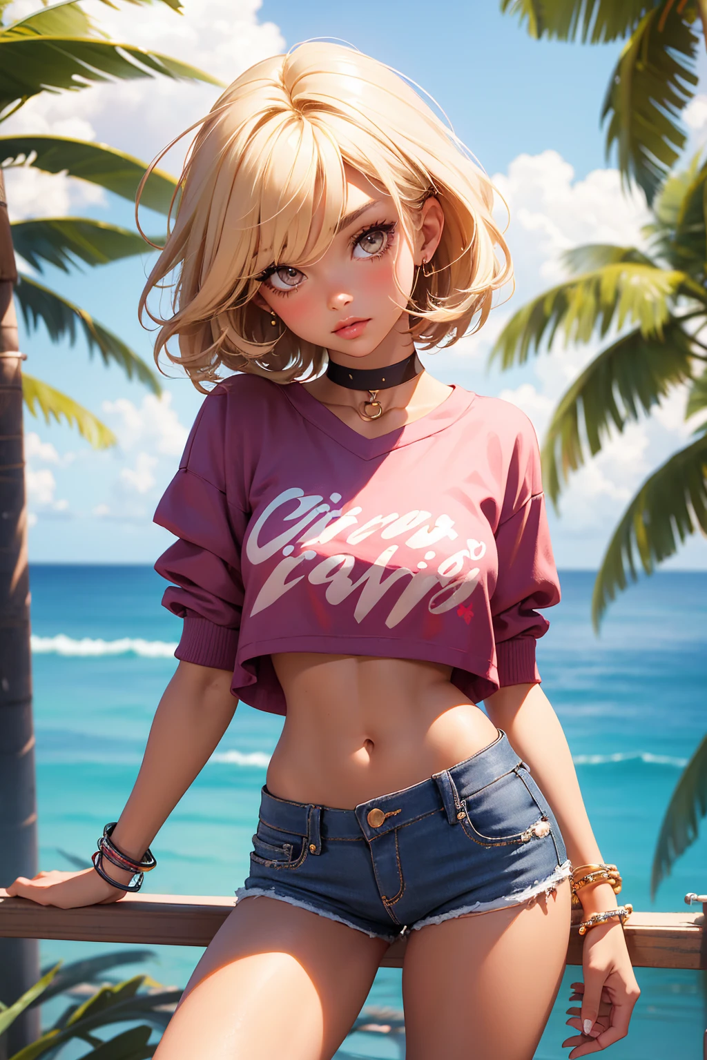 Teenage girl-model 18 years old, beautiful, very tanned, blonde, bob hair, bangs, brown eyes, beautiful figure, girl wearing crop shirt and too short mini shorts, beautiful long legs, slave bracelets, slave choker, manicure, cute makeup, flirtatiously posing, hot summer, hot flirty, sexy posing, summer outfit, top quality, higest quality, pin-up style, retro 80s style, Daisy Dukes style, Miami vibes,