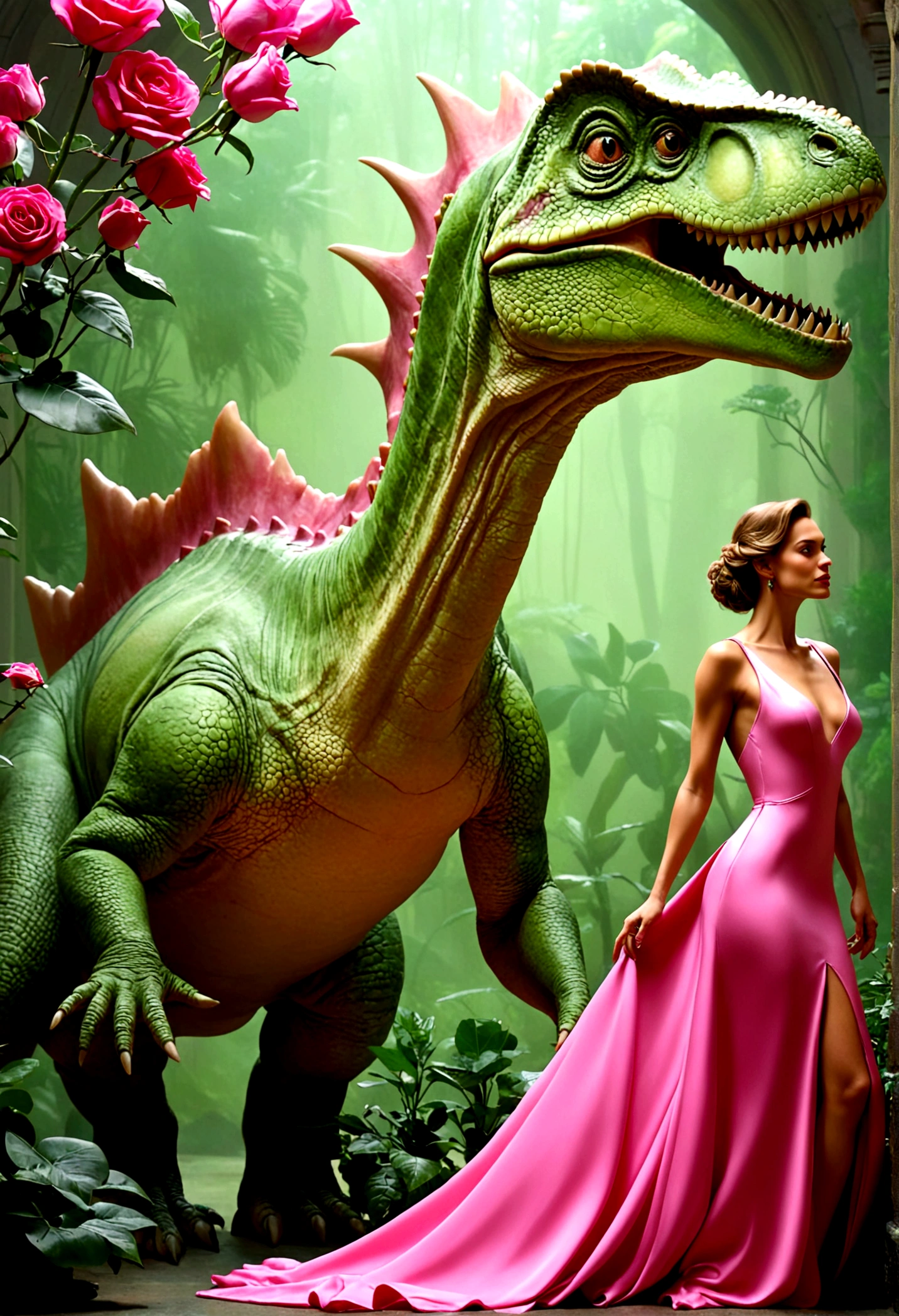 une sublime femme raffinée en robe verte et son extraordinaire ami dinosaure rose, amis pour la vie! , beaux gémeaux, humaine et dinosaure rose