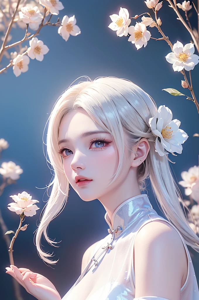 ((Above the knee images))((masterpiece:1.5、8K、Portraiture、フォトリアリスティックでVery detailedなCG、Very detailed、Particle Effects、Dynamic Effects、Written boundary depth、Cinematic Light、Lens flare、Ray Tracing、Tabletop、Realistic:1.4、Ultra-high resolution:1.2、Realistic、Realistic))((alone、No sleeve,A woman wearing a Chinese dress:1.4、Model-like pose:、Side bust、Ample breasts、Detailed face、Bright expression、young, Brighter, Whiter skin、Best Looks、Ultimate beauty、White hair with shiny highlights:1.8、bright and shiny hair,, Silky straight hair、Hair swaying in the wind))(Wonderful transparent flower々Surrounded by、White Background、Great background、Thin petals fluttering down)