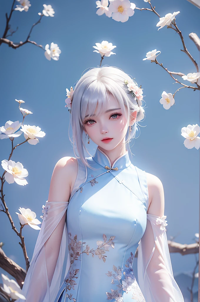 ((Above the knee images))((masterpiece:1.5、8K、Portraiture、フォトリアリスティックでVery detailedなCG、Very detailed、Particle Effects、Dynamic Effects、Written boundary depth、Cinematic Light、Lens flare、Ray Tracing、Tabletop、Realistic:1.4、Ultra-high resolution:1.2、Realistic、Realistic))((alone、No sleeve,A woman wearing a Chinese dress:1.4、Model-like pose:、Side bust、Ample breasts、Detailed face、Bright expression、young, Brighter, Whiter skin、Best Looks、Ultimate beauty、White hair with shiny highlights:1.8、bright and shiny hair,, Silky straight hair、Hair swaying in the wind))(Wonderful transparent flower々Surrounded by、White Background、Great background、Thin petals fluttering down)