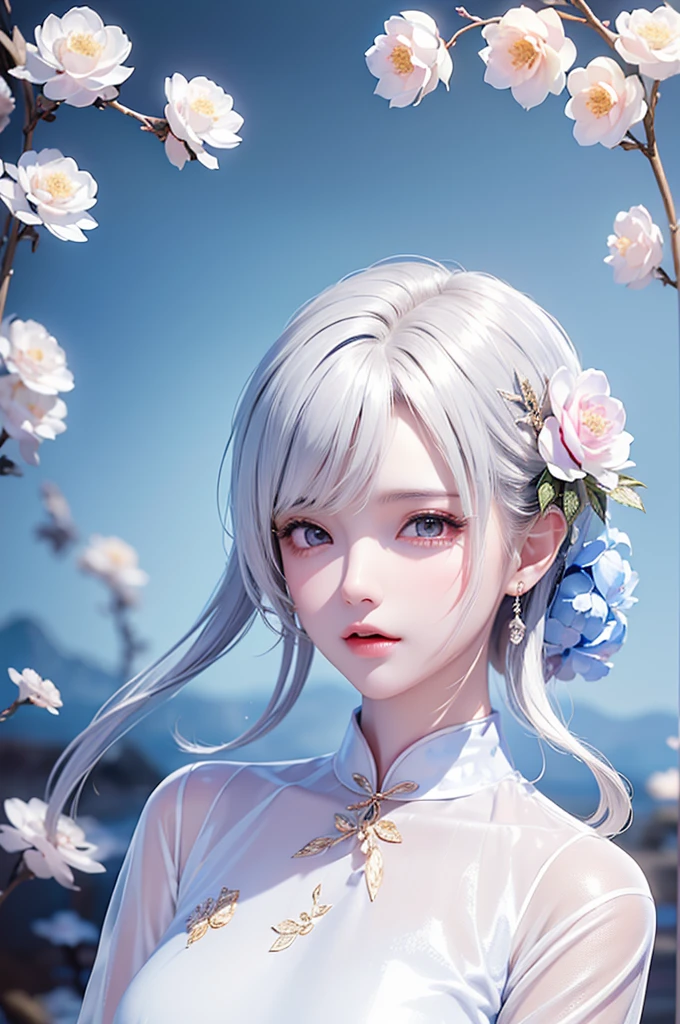 ((Above the knee images))((masterpiece:1.5、8K、Portraiture、フォトリアリスティックでVery detailedなCG、Very detailed、Particle Effects、Dynamic Effects、Written boundary depth、Cinematic Light、Lens flare、Ray Tracing、Tabletop、Realistic:1.4、Ultra-high resolution:1.2、Realistic、Realistic))((alone、No sleeve,A woman wearing a Chinese dress:1.4、Model-like pose:、Side bust、Ample breasts、Detailed face、Bright expression、young, Brighter, Whiter skin、Best Looks、Ultimate beauty、White hair with shiny highlights:1.8、bright and shiny hair,, Silky straight hair、Hair swaying in the wind))(Wonderful transparent flower々Surrounded by、White Background、Great background、Thin petals fluttering down)