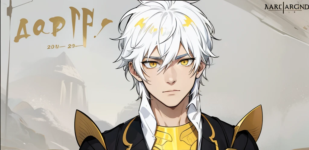 white hair yellow eyes black egyptian tunic he is listening to someone he is serious thoughtful, has golden armor pauldrons on his shoulder