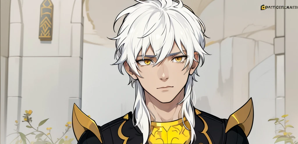 white hair yellow eyes black egyptian tunic he is listening to someone he is serious thoughtful, has golden armor pauldrons on his shoulder