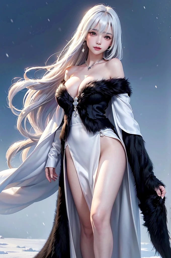 ((masterpiece:1.5、8K、Tabletop、フォトリアリスティックでVery detailedなCG、Very detailed、Particle Effects、Dynamic Effects、Shallow depth of field、Cinematic Light、Lens flare、Ray Tracing、Tabletop、Realistic:1.4、Ultra-high resolution:1.2、Realistic、Realistic))((alone、,A woman wearing a black fur coat over an off-the-shoulder sweater:1.4、Elegant woman posing、Detailed face、bright表情、young, bright, Whiter skin、medium breasts、Beautiful cleavage、Best Looks、Asian、Ultimate beauty、bright and shiny hair,、Super long, Silky straight hair、Hair dancing in the wind))(morning、The setting is outdoors in the snow、Crystal of snow)((White hair with shiny highlights))