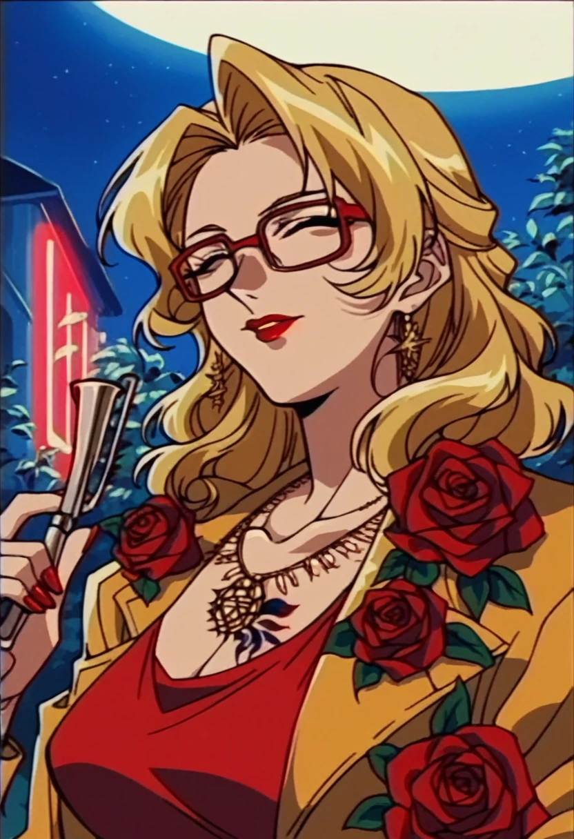 beautyful mature woman, Shion Karanomori based, blonde wavy hair, encorped body, golden fur coat jacket, red dress, red glasses, red lipstick, long necklaces, roses tattoo, night, red neon light, milf, holding golden revolver