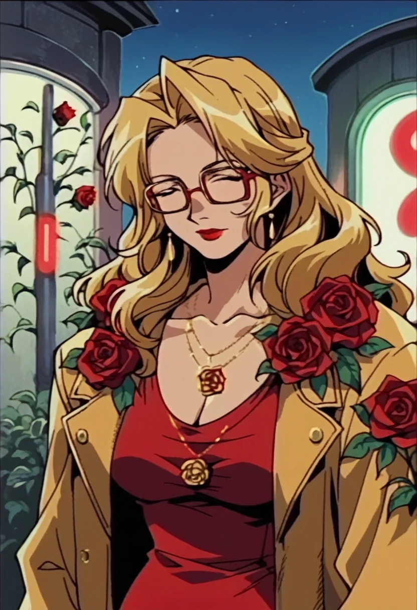 beautyful mature woman, Shion Karanomori based, blonde wavy hair, encorped body, golden fur coat jacket, red dress, red glasses, red lipstick, long necklaces, roses tattoo, night, red neon light, milf, holding golden revolver