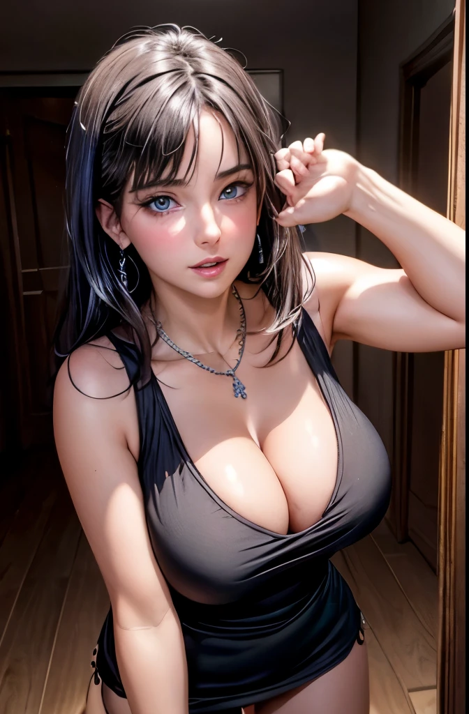 dark hair, crystal blue eyes, open mouth, horny 25 years old, playfully horny,  cleavage, low cut tanktop , skirt, standing, coy smile with open parted lips, (blushing:1.3), looking invitingly at the viewer, seductive eyes, facing the viewer, livingroom background, leaning forward in a doorway, (pov), glowing eyes, necklace, earrings, nsfw,