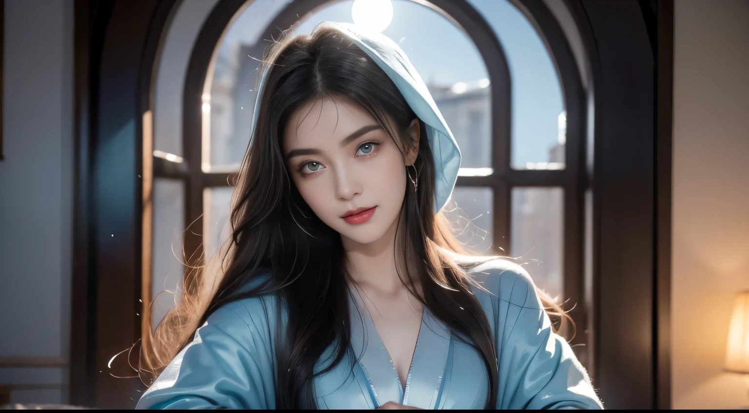 Mother of Jesus, Black hair and green eyes, Light brown skin, Wearing a light blue robe, And the sky blue veil, A calm expression that brings peace (whole body) Near the window, Lit by moonlight (Grand and realistic)