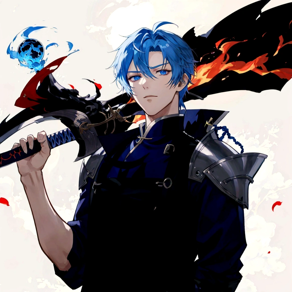 anime character with blue hair holding a sword and flame, 坏蛋动漫8 K, handsome guy in demon slayer art, anime wallpaper 4K, anime wallpaper, 4k manga wallpaper, with big sword, shigenori soejima illustration, 2 d anime, 2d anime style, hd anime wallpaper, male anime character, anime wallpaper 4k