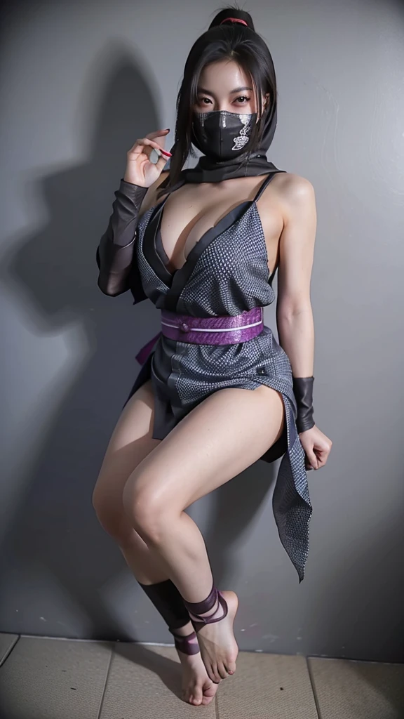 Young sexy Female ninja wearing short kimono wearing fishnet with sexy boob cleavage exposing sexy bare feet and toes
