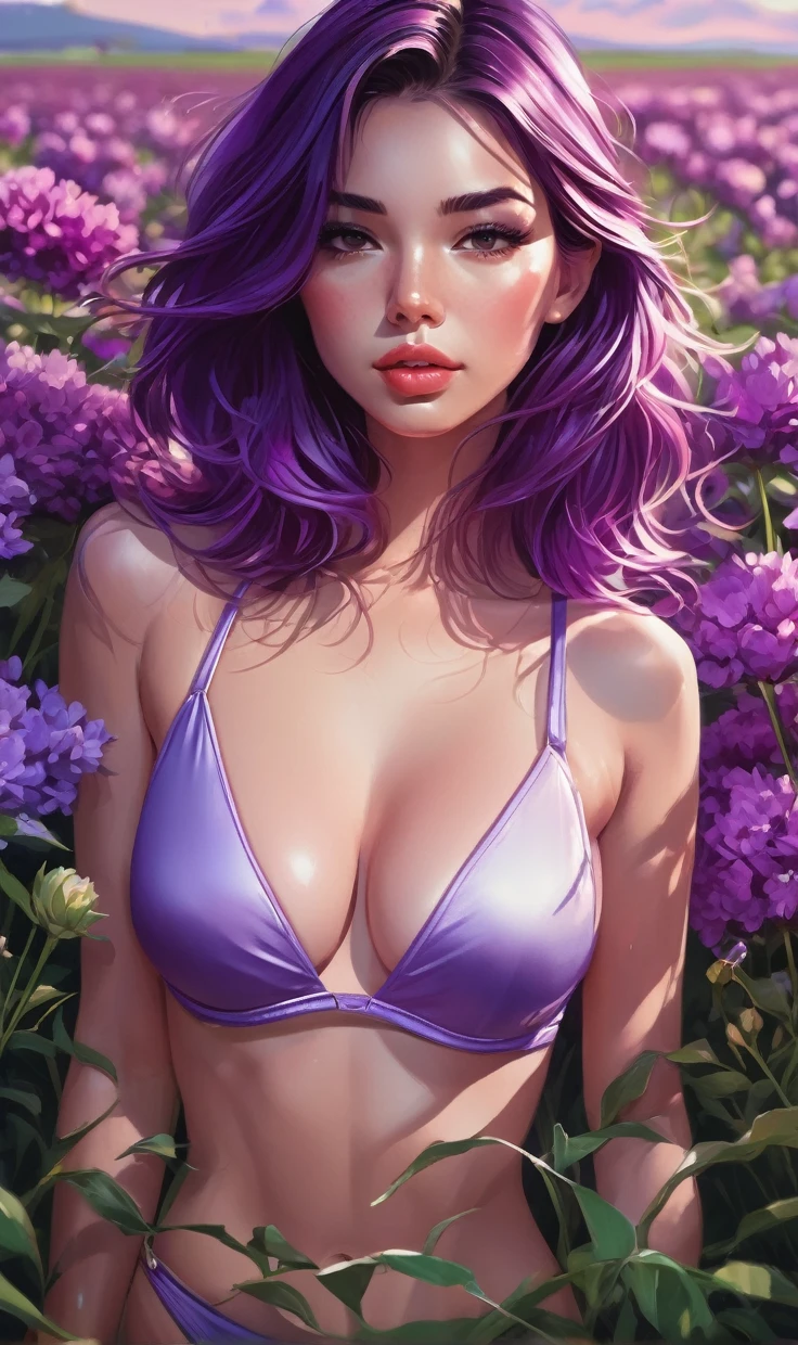 woman in a bikini and purple jacket stands among a flower field, alena aenami and Artgerm, extremely detailed Artgerm, as seen on Artgerm, style of Artgerm, ig model | Artgerm, ilya kuvshinov and Artgerm, trending Artgerm, Ross Tran 8 K
