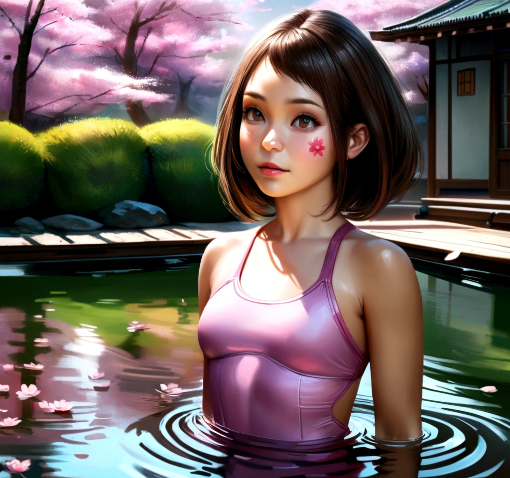 a cute young girl in a pink and blue one-piece swimsuit, Ochako Uraraka from My Hero Academia, walking through a Japanese pool, detailed facial features, highly detailed, realistic, photorealistic, 8k, HDR, oil painting, dynamic lighting, vibrant colors, serene atmosphere, reflection in the water, cherry blossom trees, detailed background, tranquil landscape