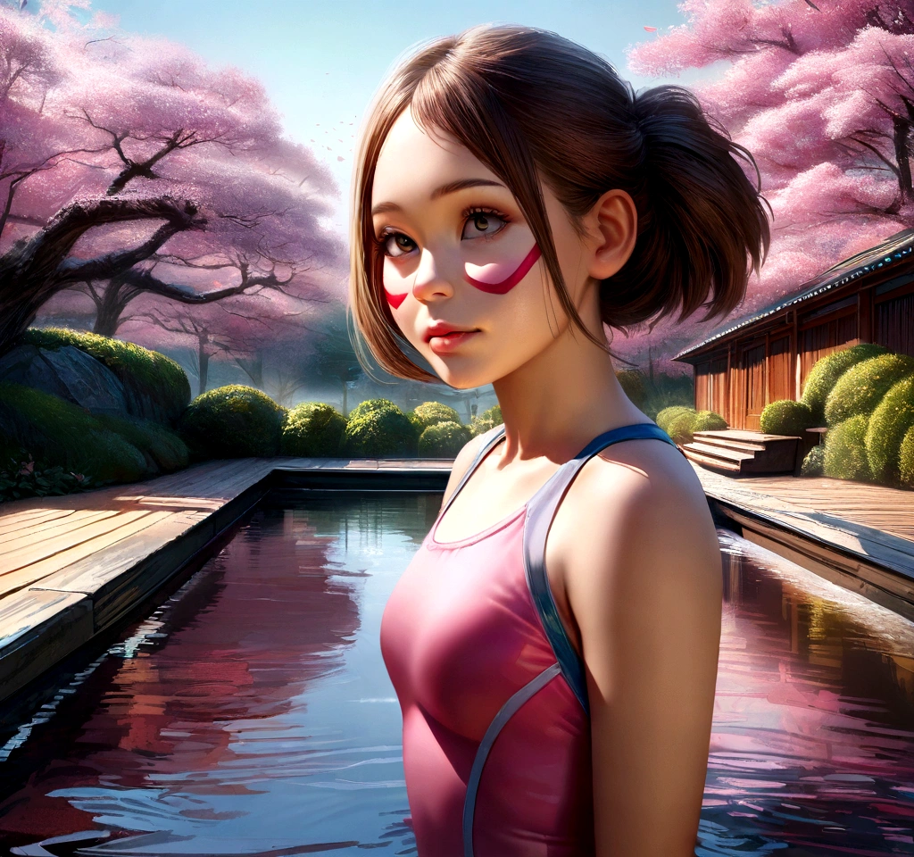 a cute young girl in a pink and blue one-piece swimsuit, Ochako Uraraka from My Hero Academia, walking through a Japanese pool, detailed facial features, highly detailed, realistic, photorealistic, 8k, HDR, oil painting, dynamic lighting, vibrant colors, serene atmosphere, reflection in the water, cherry blossom trees, detailed background, tranquil landscape