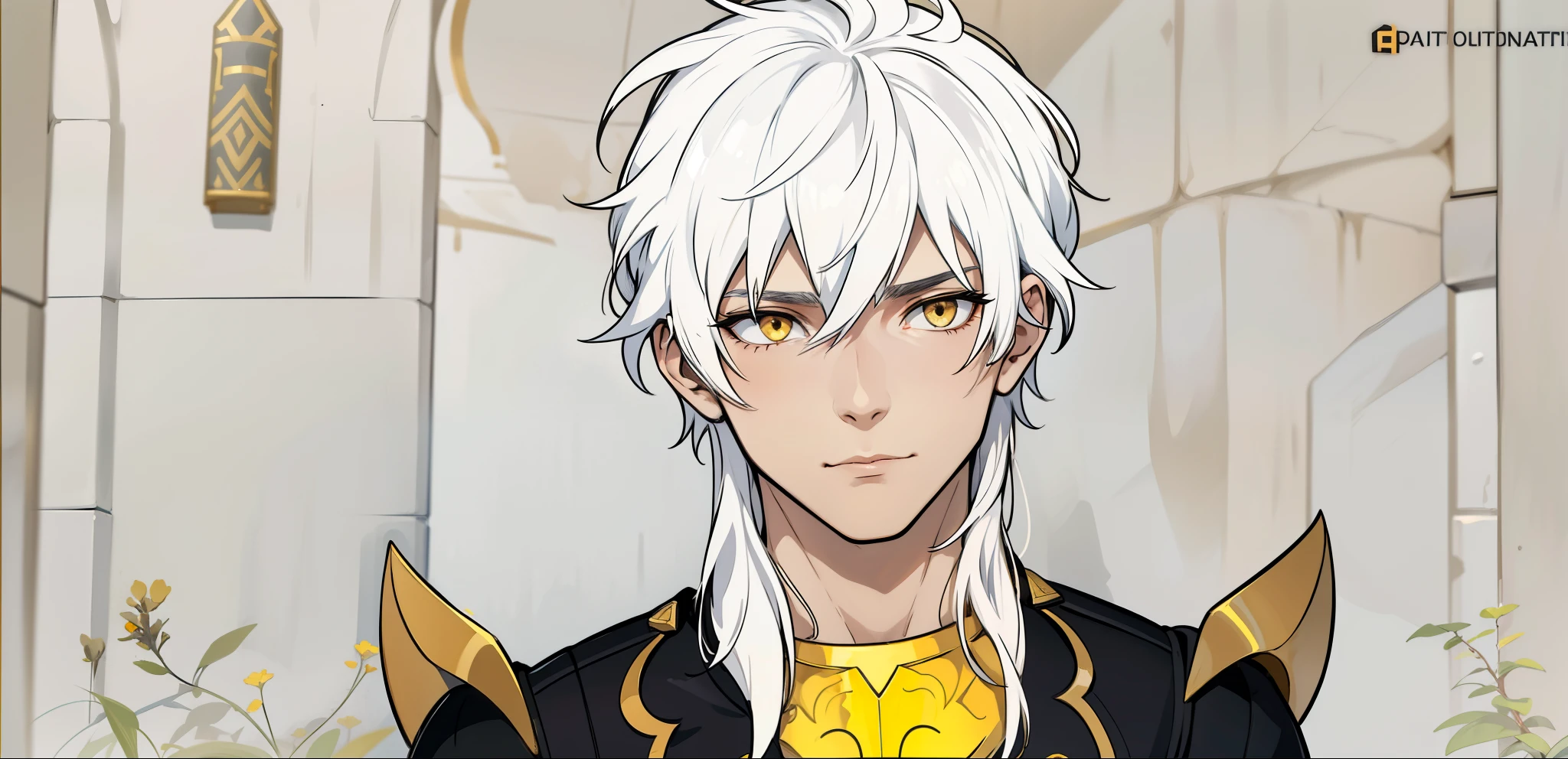 white hair yellow eyes black egyptian tunic he is listening to someone he is serious thoughtful, has golden armor pauldrons on his shoulder