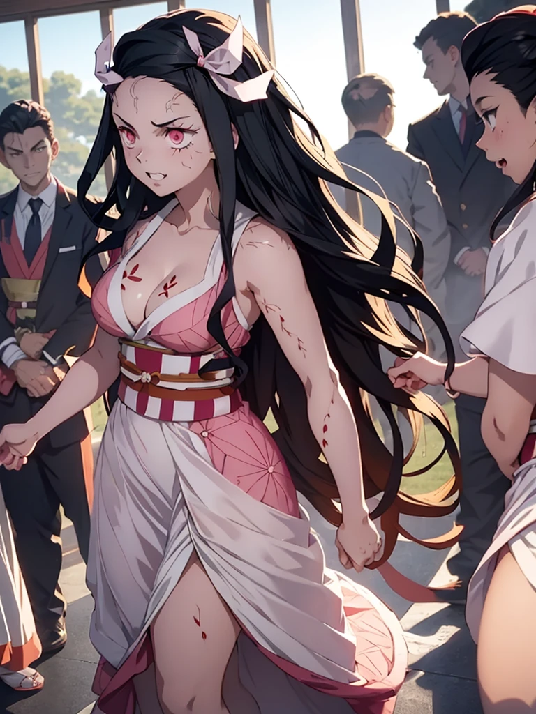 Nezuko from demon slayer, 1girl, as an athlete, as a bride, wearing a white colour wedding dress, at a wedding ceremony , 8k, high detailed, high quality

