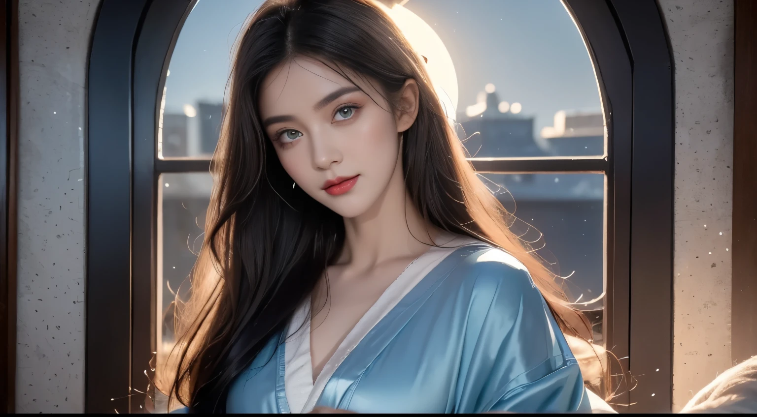 Mother of Jesus, Black hair and green eyes, Light brown skin, Wearing a light blue robe, And the sky blue veil, A calm expression that brings peace (whole body) Near the window, Lit by moonlight (Grand and realistic)