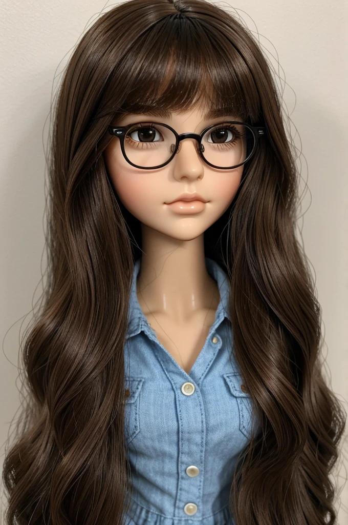 blythe doll , perfect face with brown eyes, wavy and straight brown hair not too long, black glasses and nose piercing, no bangs and layered hair