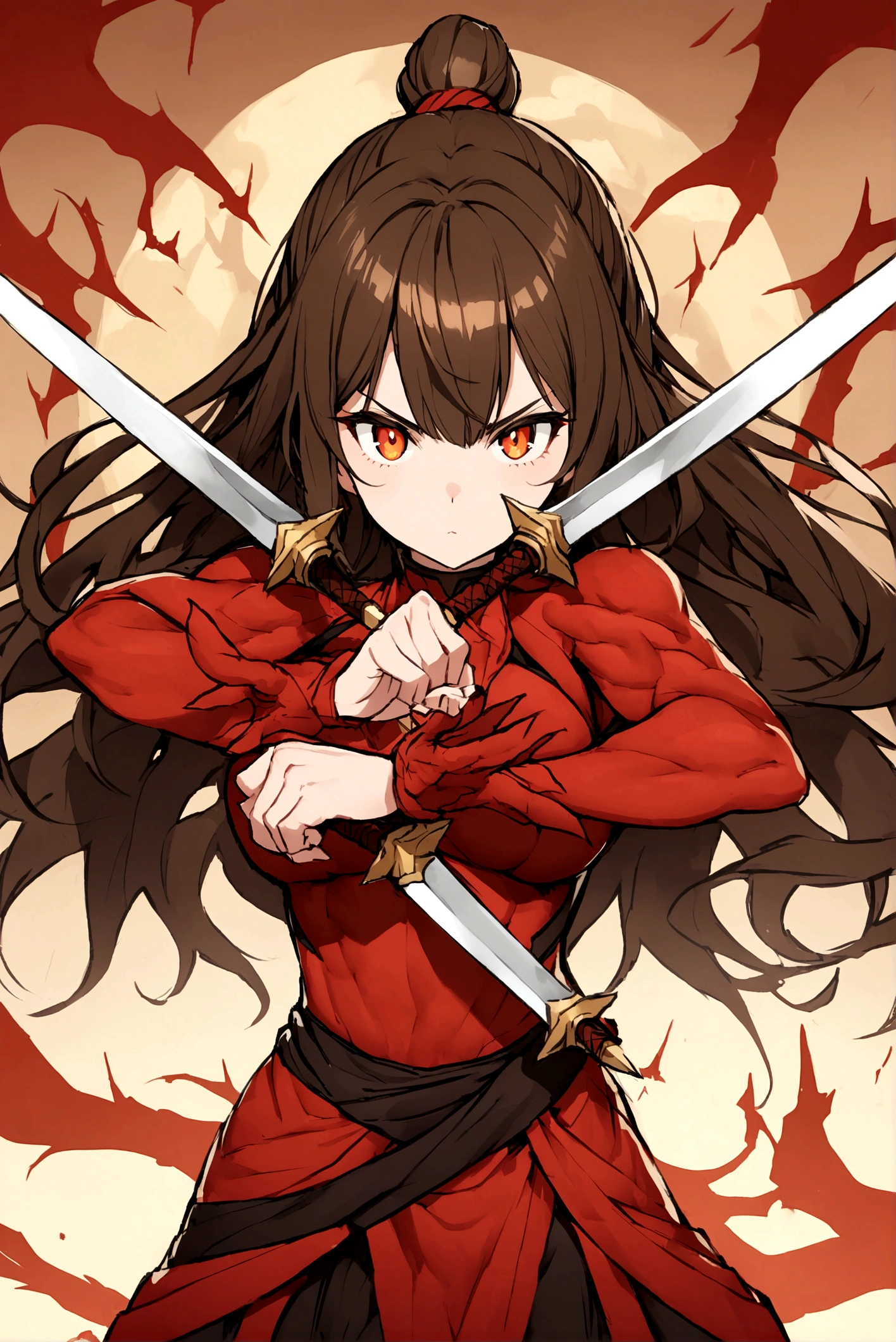 brunette woman, amber eyes, wide, Sculpted body in attack pose with daggers in hands dressed as shadow hashira.