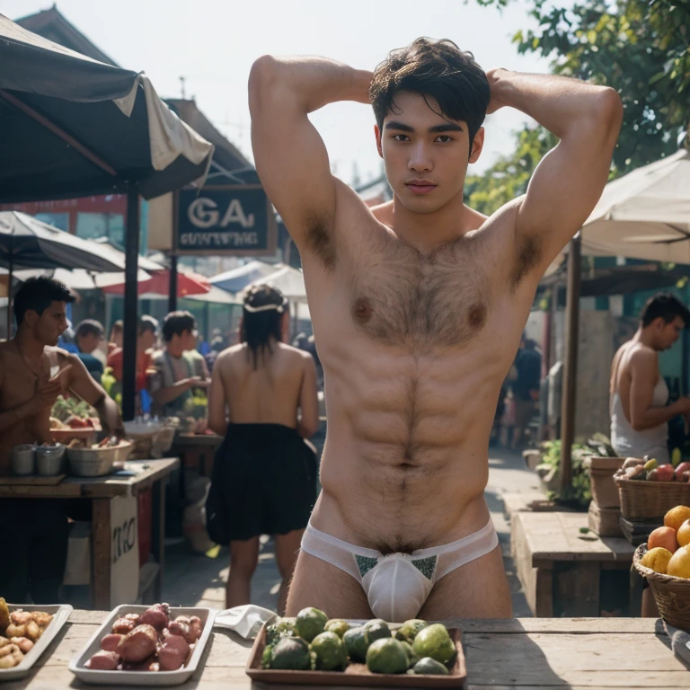 two men in leather underwear standing next to each other on a street, roberto ferri and ruan jia, black leather harness, 2 muscular attractive men, muscular men entwined together, alessio albi and shin jeongho, two muscular men entwined, gay, hard rubber chest, black harness, harness, wearing leather swim suite, Full body, Detailed handsome face, Very DIRTY, Black hair, showing off his hairy armpits, Big bulge, very hairy armpits, hairy pubic, hairy crotch, Cute handsome face, In the dirty alley, Zephyr stands bound, WEARING Tiny thong, his wrists encased in supple leather cuffs that accentuate the lines of his forearms. A bondage chest harness adorns his upper body, its intricate design revealing the play of shadows on the exposed skin of his chest. The ambient lighting casts a warm glow, creating an interplay of light and darkness. Zephyr's legs, enveloped in calf-to-thigh leather restraints, add a visual symmetry to the scene. The leather straps, secured with meticulous precision, enhance the aesthetic appeal of his bound form. The absence of a body panel in the chest harness exposes his torso, highlighting the vulnerability and sensuality of the moment. As Zephyr's hair falls slightly disheveled around his face, the room captures the scents of leather and anticipation. The alley becomes a canvas for the visual impact of restraint, each element contributing to the immersive experience. The intricate details of the bindings and the interplay of light create a visually compelling scene, ripe for exploration by an AI image generator. Both Arms behind back, handcuffed. Nipple clamps.