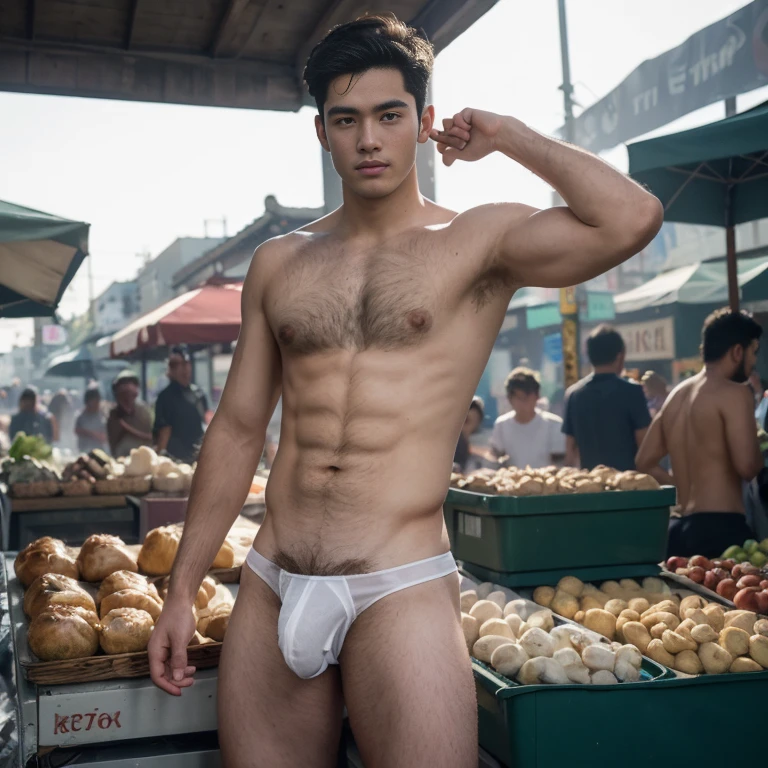 two men in leather underwear standing next to each other on a street, roberto ferri and ruan jia, black leather harness, 2 muscular attractive men, muscular men entwined together, alessio albi and shin jeongho, two muscular men entwined, gay, hard rubber chest, black harness, harness, wearing leather swim suite, Full body, Detailed handsome face, Very DIRTY, Black hair, showing off his hairy armpits, Big bulge, very hairy armpits, hairy pubic, hairy crotch, Cute handsome face, In the dirty alley, Zephyr stands bound, WEARING Tiny thong, his wrists encased in supple leather cuffs that accentuate the lines of his forearms. A bondage chest harness adorns his upper body, its intricate design revealing the play of shadows on the exposed skin of his chest. The ambient lighting casts a warm glow, creating an interplay of light and darkness. Zephyr's legs, enveloped in calf-to-thigh leather restraints, add a visual symmetry to the scene. The leather straps, secured with meticulous precision, enhance the aesthetic appeal of his bound form. The absence of a body panel in the chest harness exposes his torso, highlighting the vulnerability and sensuality of the moment. As Zephyr's hair falls slightly disheveled around his face, the room captures the scents of leather and anticipation. The alley becomes a canvas for the visual impact of restraint, each element contributing to the immersive experience. The intricate details of the bindings and the interplay of light create a visually compelling scene, ripe for exploration by an AI image generator. Both Arms behind back, handcuffed. Nipple clamps.