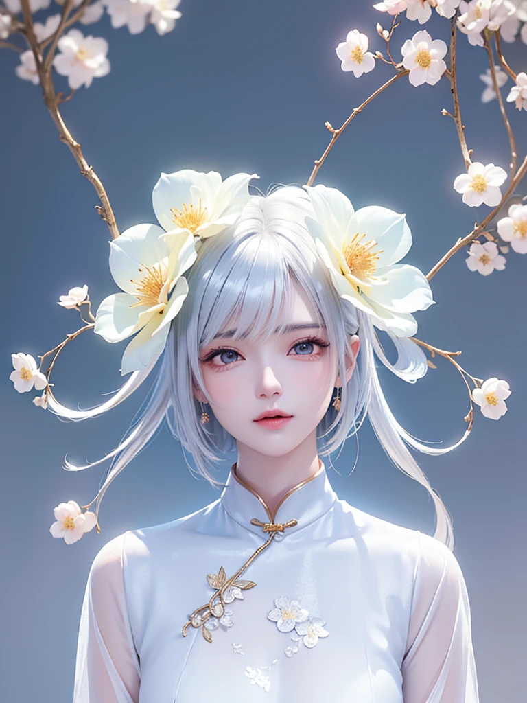 ((Above the knee images))((masterpiece:1.5、8K、Portraiture、フォトリアリスティックでVery detailedなCG、Very detailed、Particle Effects、Dynamic Effects、Written boundary depth、Cinematic Light、Lens flare、Ray Tracing、Tabletop、Realistic:1.4、Ultra-high resolution:1.2、Realistic、Realistic))((alone、No sleeve,A woman wearing a Chinese dress:1.4、Model-like pose:、Side bust、Ample breasts、Detailed face、Bright expression、young, Brighter, Whiter skin、Best Looks、Ultimate beauty、White hair with shiny highlights:1.8、bright and shiny hair,, Silky straight hair、Hair swaying in the wind))(Wonderful transparent flower々Surrounded by、White Background、Great background、Thin petals fluttering down)