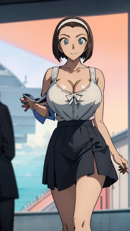Looking into the camera、When I Look at You、lookatviewer、Anime Style、eroge、1 girl, (Huge long breasts:1.2), (White camisole:2、Cleavage、black long skirt)、Low - Angle、Brown haired, hair band、short hair、Bob Hair、The forehead is visible、smile,Round Breasts、women、