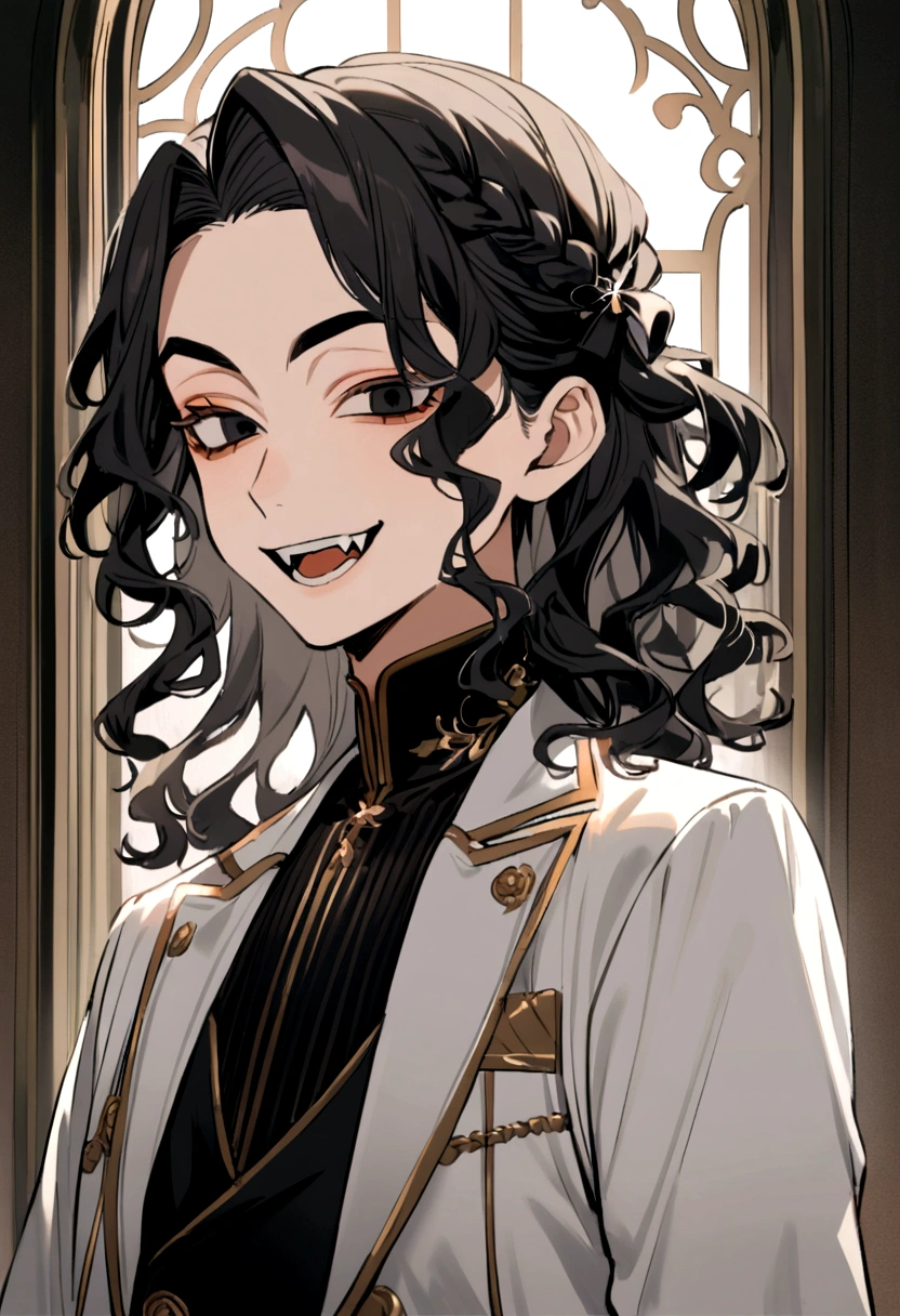 1. Chico Keisuke Baji, tokyo revengers black hair color a little long wavy, black eye solor (smile with fangs picture perfect