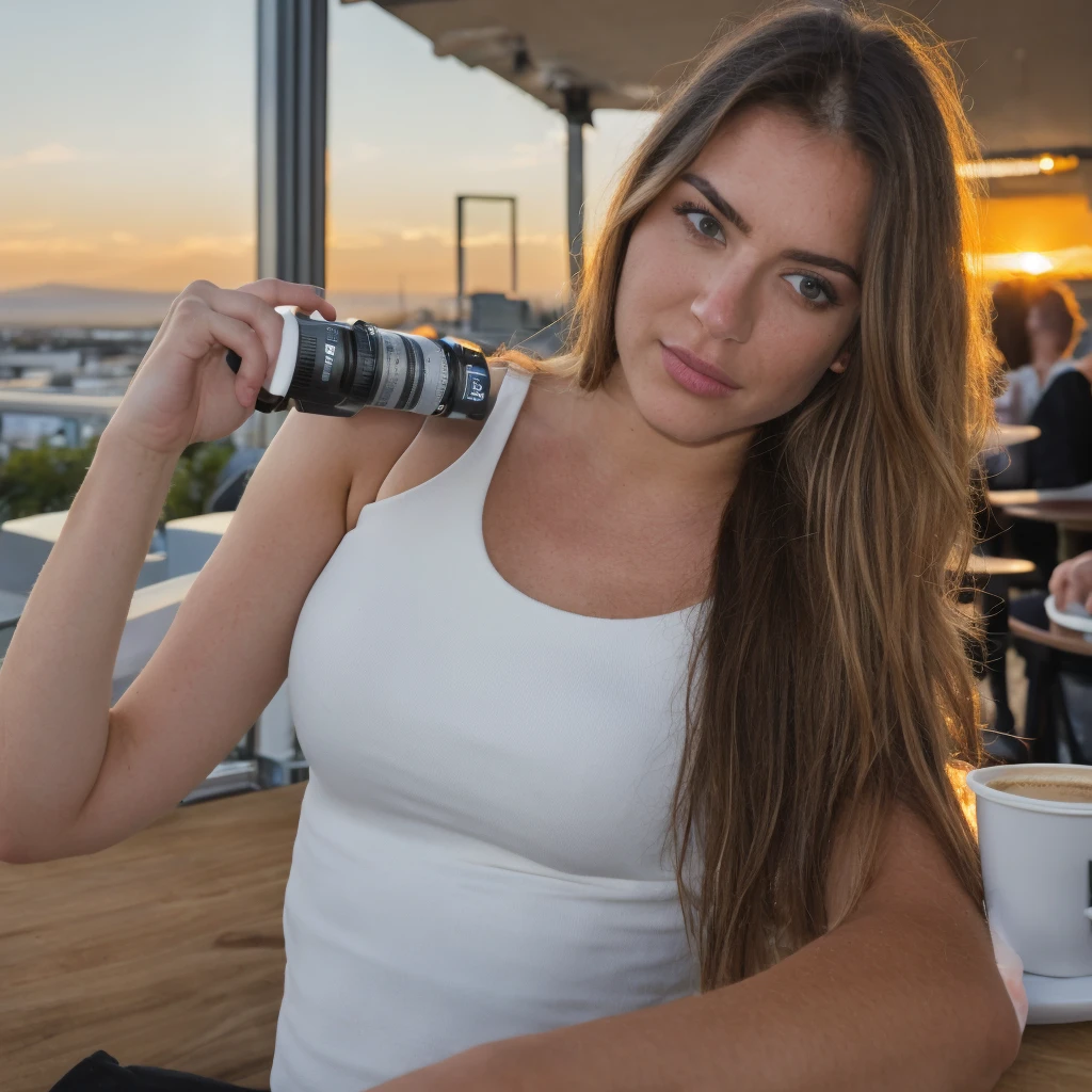 Icelandic woman (Drinking coffee in a modern cafe at sunset), very detailed, 24 years old, high resolution, Best quality, Intricate details, very detailed, Sharpness, detailed skin, Realistic Hauttextur, detailed eyes, professionnel, 4k, 85 millimeters, Light depth of field, Kodak Vision Couleur, corps parfaitement ajusté, Extremely detailed, Photo_\(ultra\), fotoRealistic, Realistic, post-traitement, Maximum details, roughness, vrai vie, ultraRealistic, Photorealismus, Photografie, 8K UHD, Photografie, tight white top, pale skin