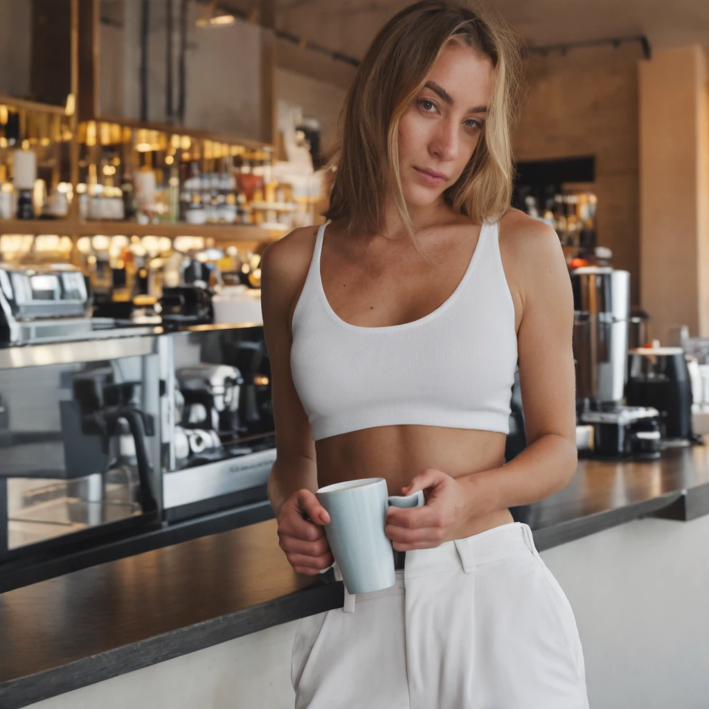 Icelandic woman (Drinking coffee in a modern cafe at sunset), very detailed, 24 years old, high resolution, Best quality, Intricate details, very detailed, Sharpness, detailed skin, Realistic Hauttextur, detailed eyes, professionnel, 4k, 85 millimeters, Light depth of field, Kodak Vision Couleur, corps parfaitement ajusté, Extremely detailed, Photo_\(ultra\), fotoRealistic, Realistic, post-traitement, Maximum details, roughness, vrai vie, ultraRealistic, Photorealismus, Photografie, 8K UHD, Photografie, tight white top, pale skin