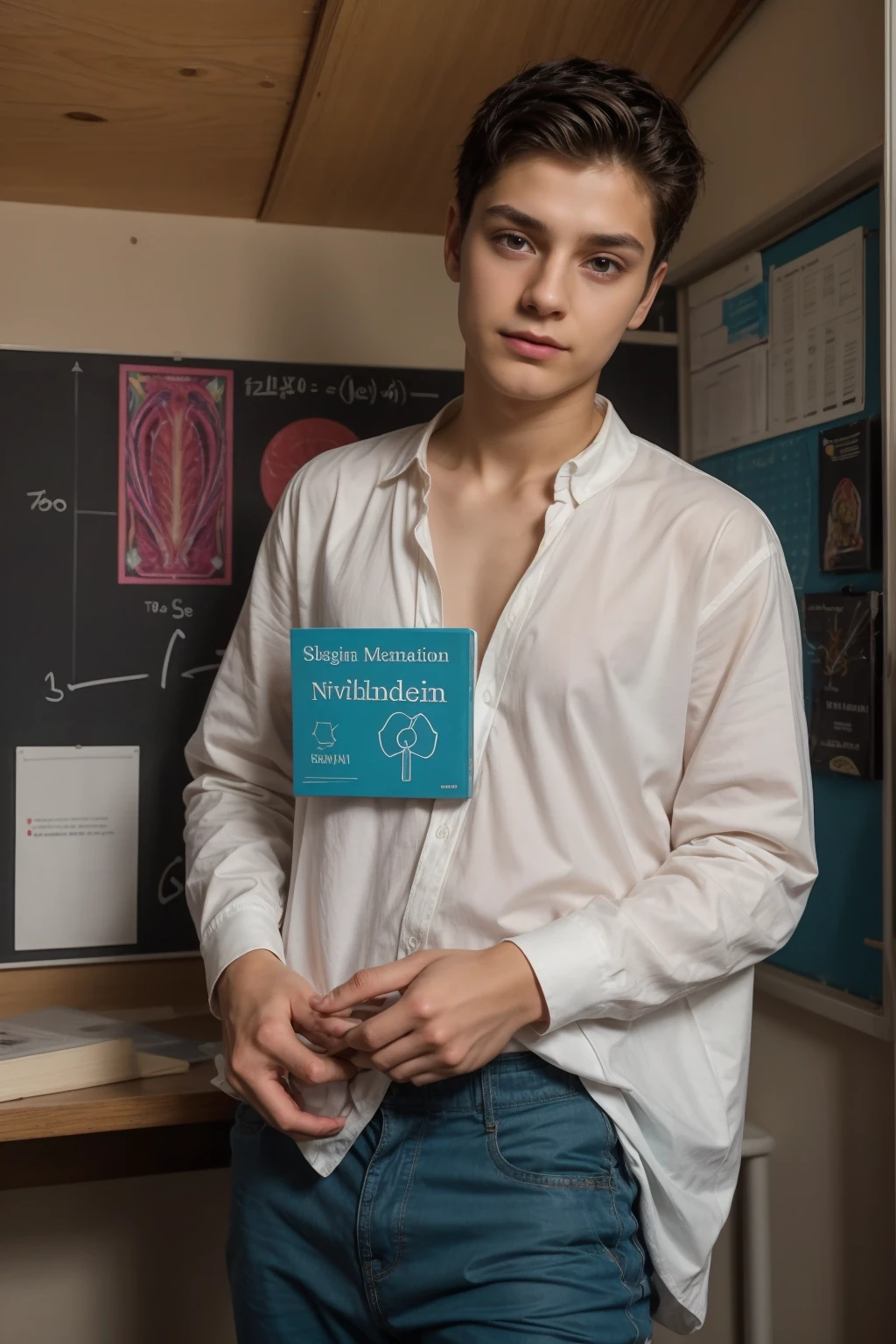 A beautiful young male twink, cute, with black hair, a face with reddish make-up, wearing a bright white long-sleeved shirt and aqua blue pants, and he is in his office, and behind him is a blackboard on which is written the shape of the brain and its anatomy, and nuclear energy comes out of it, and in his hand is a calculus book. And integration and neon energy comes out of it.