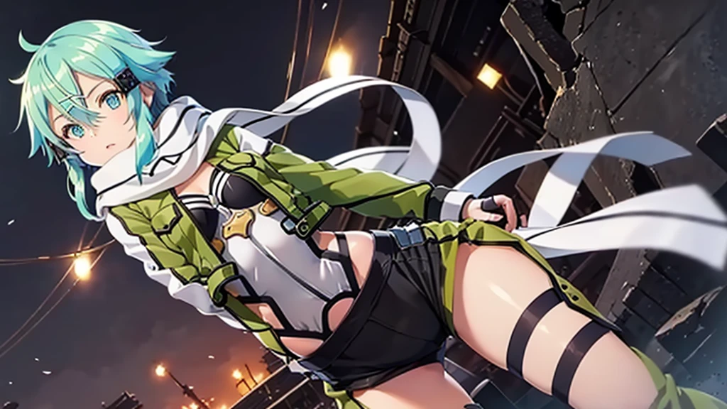 (masterpiece), Best quality, expressive eyes, perfect face, A high resolution, Sinon 1, scarf, fingerless gloves, long sleeves, short shorts, hair ornament, Hairclip, Green Knee Socks, green jacket, thigh strap, Hands on hips, field, ruins background, standing, cowboy shot, I look at the viewer