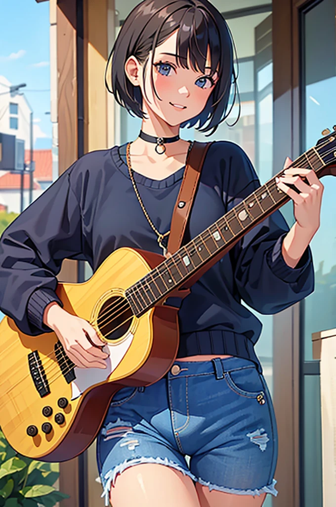 (best quality) (detail), 1 girl with guitar, punk, sweater, short jeans, short hair, wearing choker, photography.