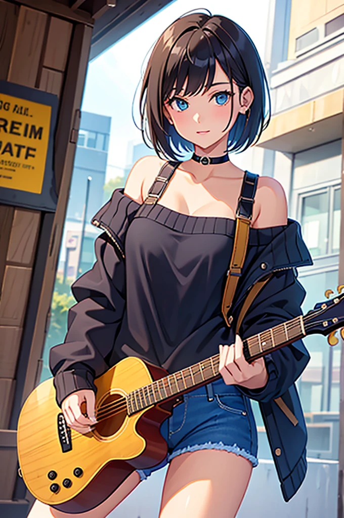 (best quality) (detail), 1 girl with guitar, punk, sweater, short jeans, short hair, wearing choker, photography.