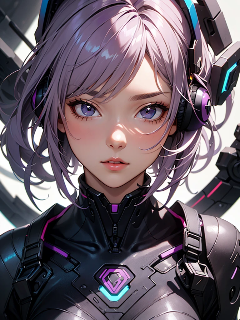 a beautiful android girl with mauve hair, the tips fading into a purple gradient, rectangular mechanical ear protectors, medium bust, detailed face, detailed eyes, beautiful detailed lips, extremely detailed face and features, 4k, 8k, high resolution, masterpiece, ultra-detailed, realistic, photorealistic, photo-realistic, hdr, uhd, studio lighting, ultra-fine painting, sharp focus, physically-based rendering, extreme detail description, professional, vivid colors, bokeh, portrait, sci-fi