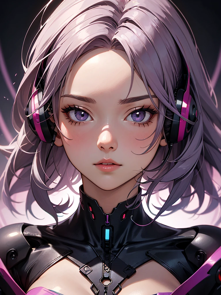 a beautiful android girl with mauve hair, the tips fading into a purple gradient, rectangular mechanical ear protectors, medium bust, detailed face, detailed eyes, beautiful detailed lips, extremely detailed face and features, 4k, 8k, high resolution, masterpiece, ultra-detailed, realistic, photorealistic, photo-realistic, hdr, uhd, studio lighting, ultra-fine painting, sharp focus, physically-based rendering, extreme detail description, professional, vivid colors, bokeh, portrait, sci-fi