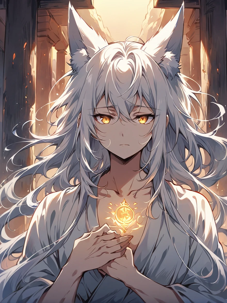 ((Best quality)), ((masterpiece)), (detailed), ((perfect face))、miyabi,a man, Long, flowing silver hair with delicate strands.
Sharp, piercing golden eyes. Fox ears on top of his head.
Serious and slightly mysterious.Pale and smooth.
Wears a robe that is slightly open at the chest, revealing part of his well-defined upper body.
The character exudes a sense of elegance and strength, with a calm and enigmatic aura. The lighting emphasizes his facial features and hair texture, creating a soft, almost ethereal glow.、In an ancient temple, Meditating, Dusk, Symmetrical, Close-up, Dim and mystical, Character's hands, Stone-like, Spiritual, anime style, attractive anime, pixiv fan art