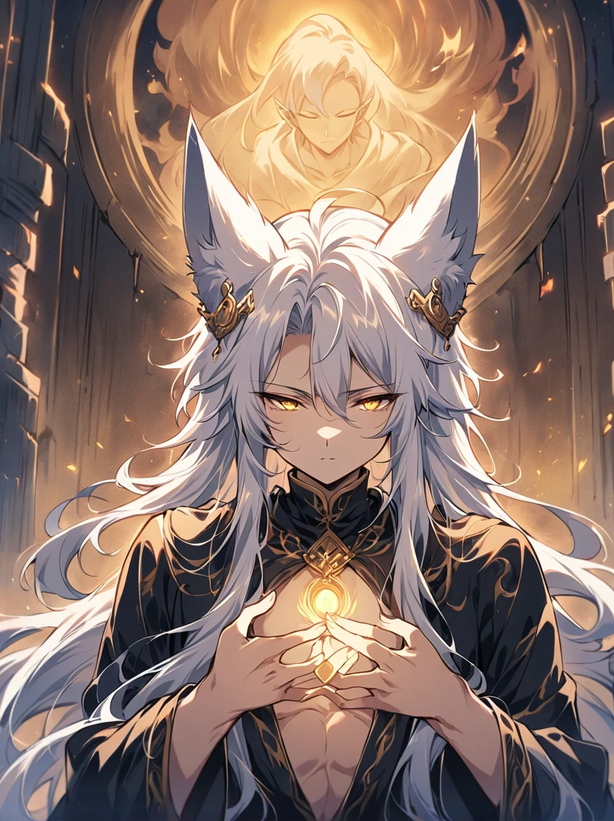 ((Best quality)), ((masterpiece)), (detailed), ((perfect face))、miyabi,a man, Long, flowing silver hair with delicate strands.
Sharp, piercing golden eyes. Fox ears on top of his head.
Serious and slightly mysterious.Pale and smooth.
Wears a robe that is slightly open at the chest, revealing part of his well-defined upper body.
The character exudes a sense of elegance and strength, with a calm and enigmatic aura. The lighting emphasizes his facial features and hair texture, creating a soft, almost ethereal glow.、In an ancient temple, Meditating, Dusk, Symmetrical, Close-up, Dim and mystical, Character's hands, Stone-like, Spiritual, anime style, attractive anime, pixiv fan art