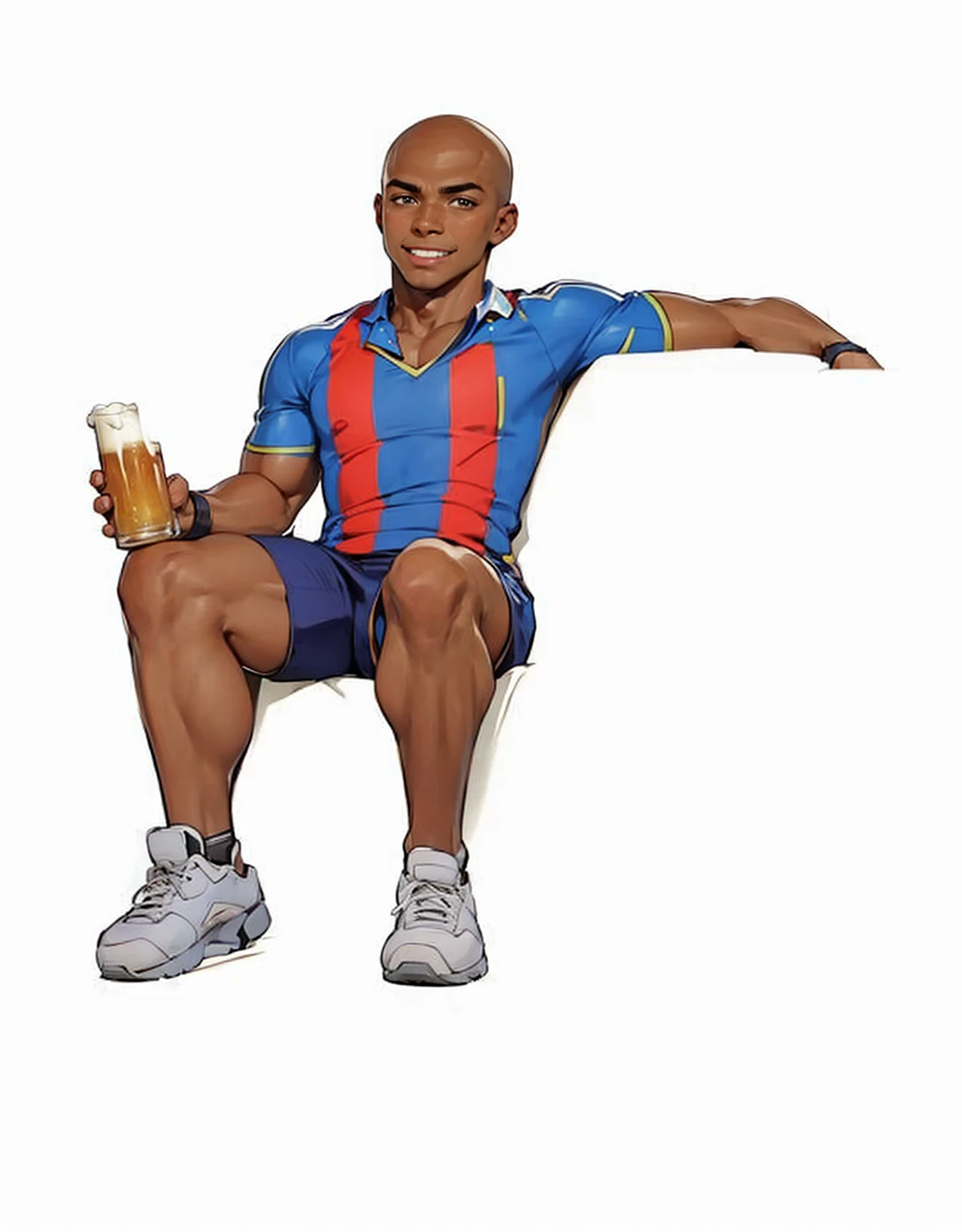 black boy, 19 years old, very handsome, beautiful face, bald, defined muscles, sitting with a beer in his hand, with a happy face, wearing a football team uniform