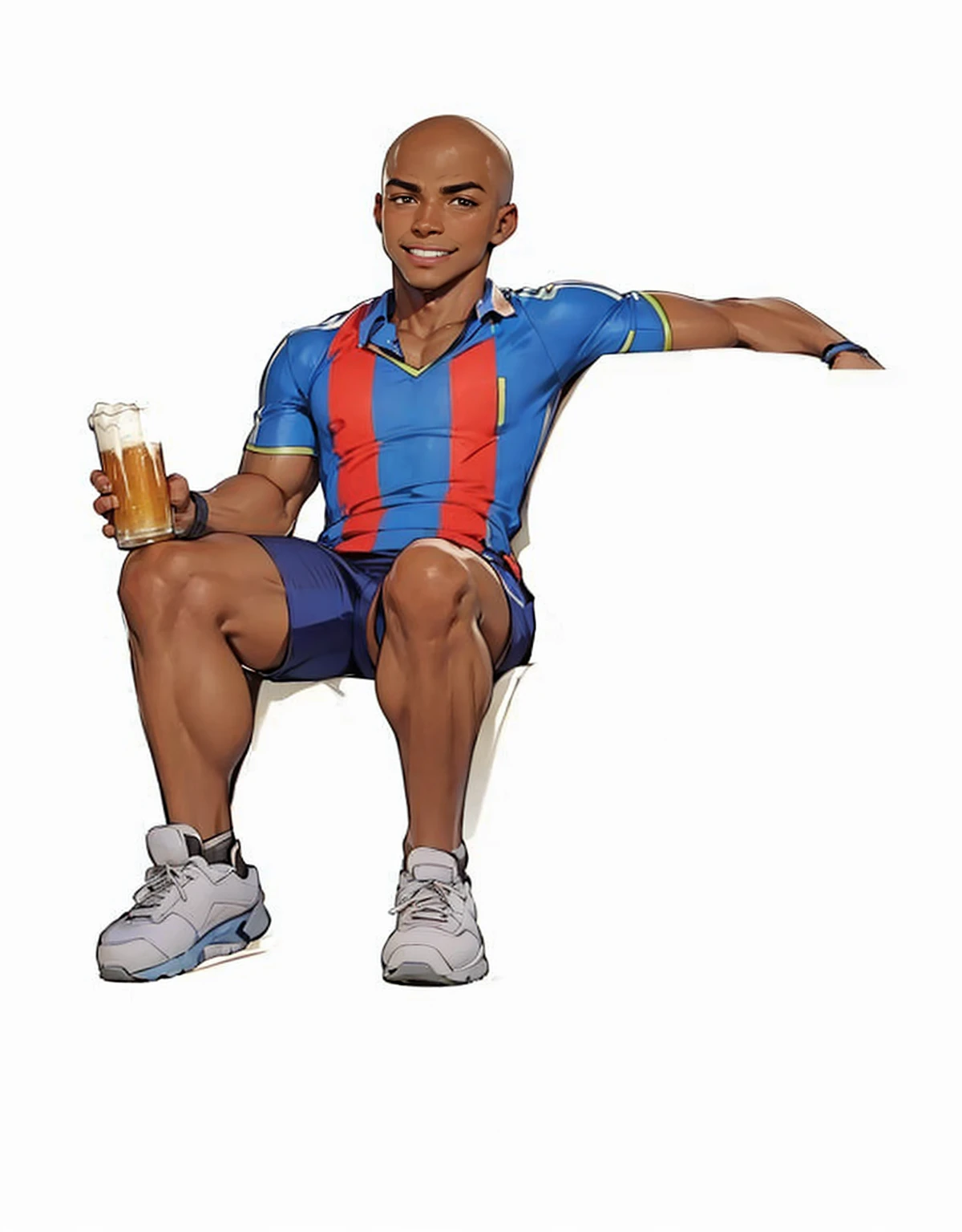 black boy, 19 years old, very handsome, beautiful face, bald, defined muscles, sitting with a beer in his hand, with a happy face, wearing a football team uniform