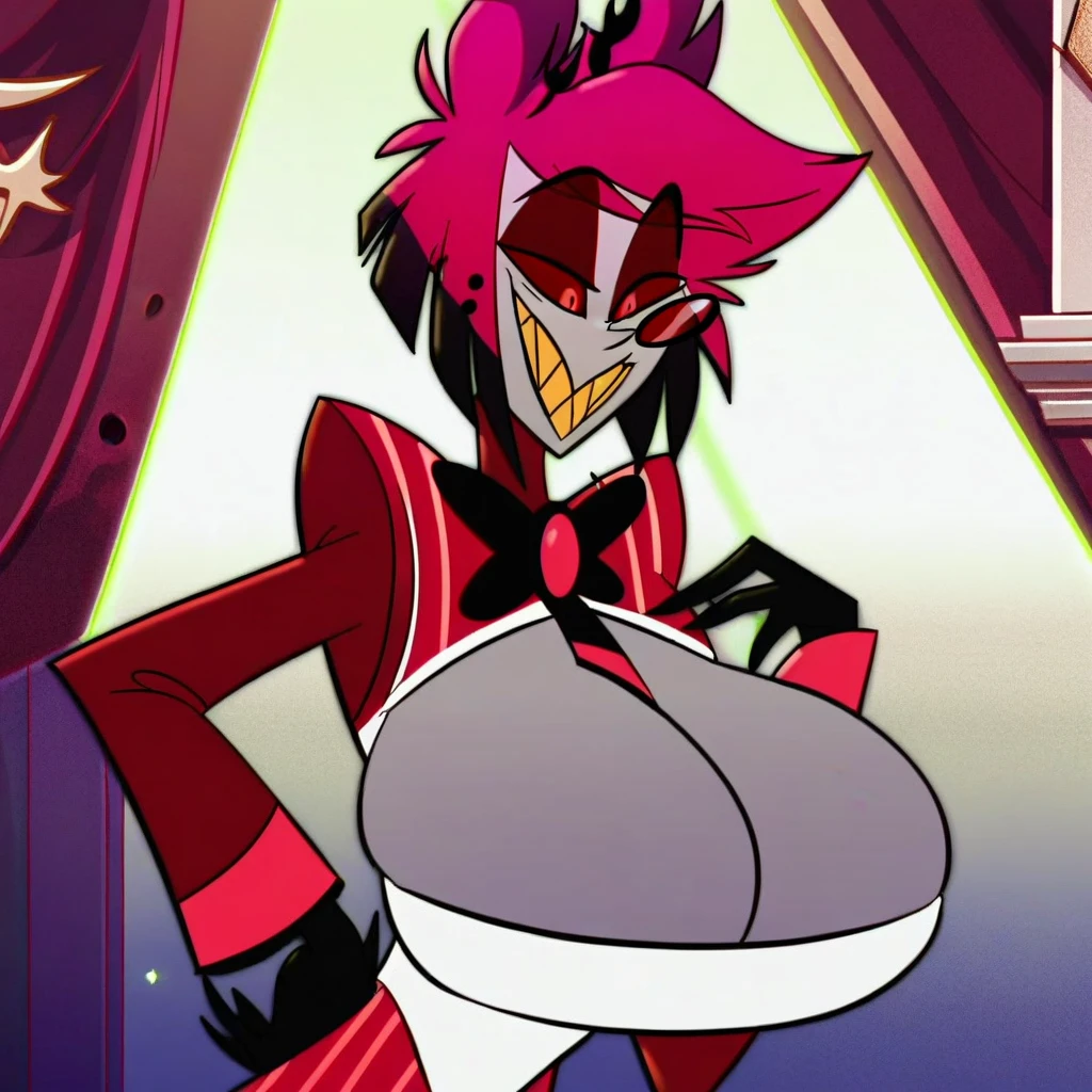 alastor, solo, 1girl, standing, (huge breasts:1.5), grey skin, red suit, monocle, BREAK score_7_up, screencap, (((lighting on body)))