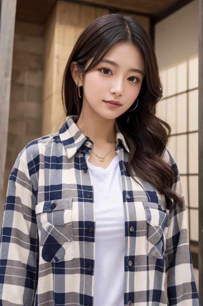 ((Highest quality))、Beauty、Fully open flannel shirt、